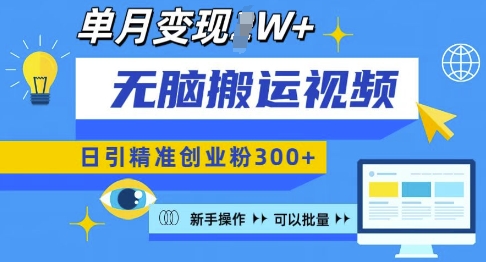无脑搬运视频号可批量复制，新手即可操作，日引精准创业粉300+，月变现过W 【揭秘】-木白网创