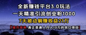 全新赚钱平台3.0玩法一天精准引流创业粉1000.7天被动躺Z收益21W【仅揭秘】-木白网创