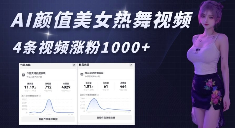 AI颜值美女热舞视频，4条视频涨粉1000+，实测6分钟一条-木白网创