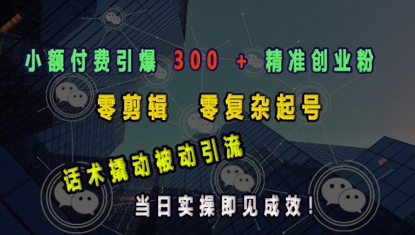 小额付费引爆 300 + 精准创业粉，零剪辑、零复杂起号，话术撬动被动引流，当日实操即见成效-木白网创