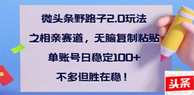 微头条野路子2.0玩法之相亲赛道，无脑搬砖复制粘贴，单账号日稳定300+…-木白网创