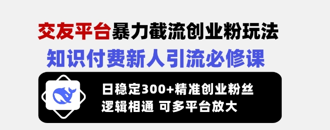 交友平台暴力截流创业粉玩法，知识付费新人引流必修课，日稳定300+精准创业粉丝，逻辑相通可多平台放大-木白网创