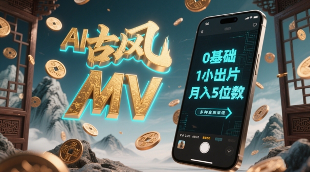 AI一键生成古风音乐MV，0剪辑基础1小时出片，多种变现渠道，一部手机月入5位数-木白网创