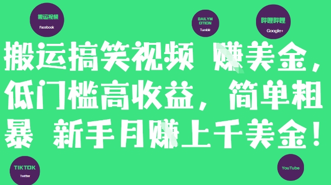 搬运搞笑视频挣美金，低门槛高收益，简单粗暴新手月入上千美刀-木白网创