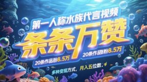 第一人称水族代言视频，条条万赞，20条作品涨粉7.8W，多种变现方式月入五位数-木白网创