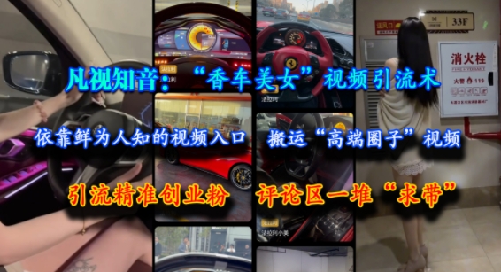 凡视知音：“香车美女”视频引流术，依靠鲜为人知的视频入口，搬运“高端圈子”视频，引流精准创业粉，评论区一堆“求带”-木白网创