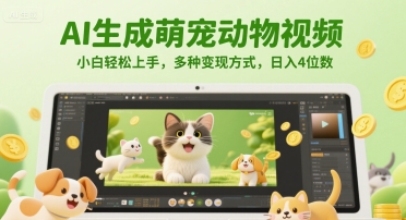 AI生成萌宠动物视频，小白轻松上手，多种变现方式，日入4位数-木白网创