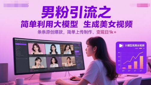 男粉引流之简单利用大模型生成美女视频，条条原创爆款，简单上传制作，变现日1k+-木白网创