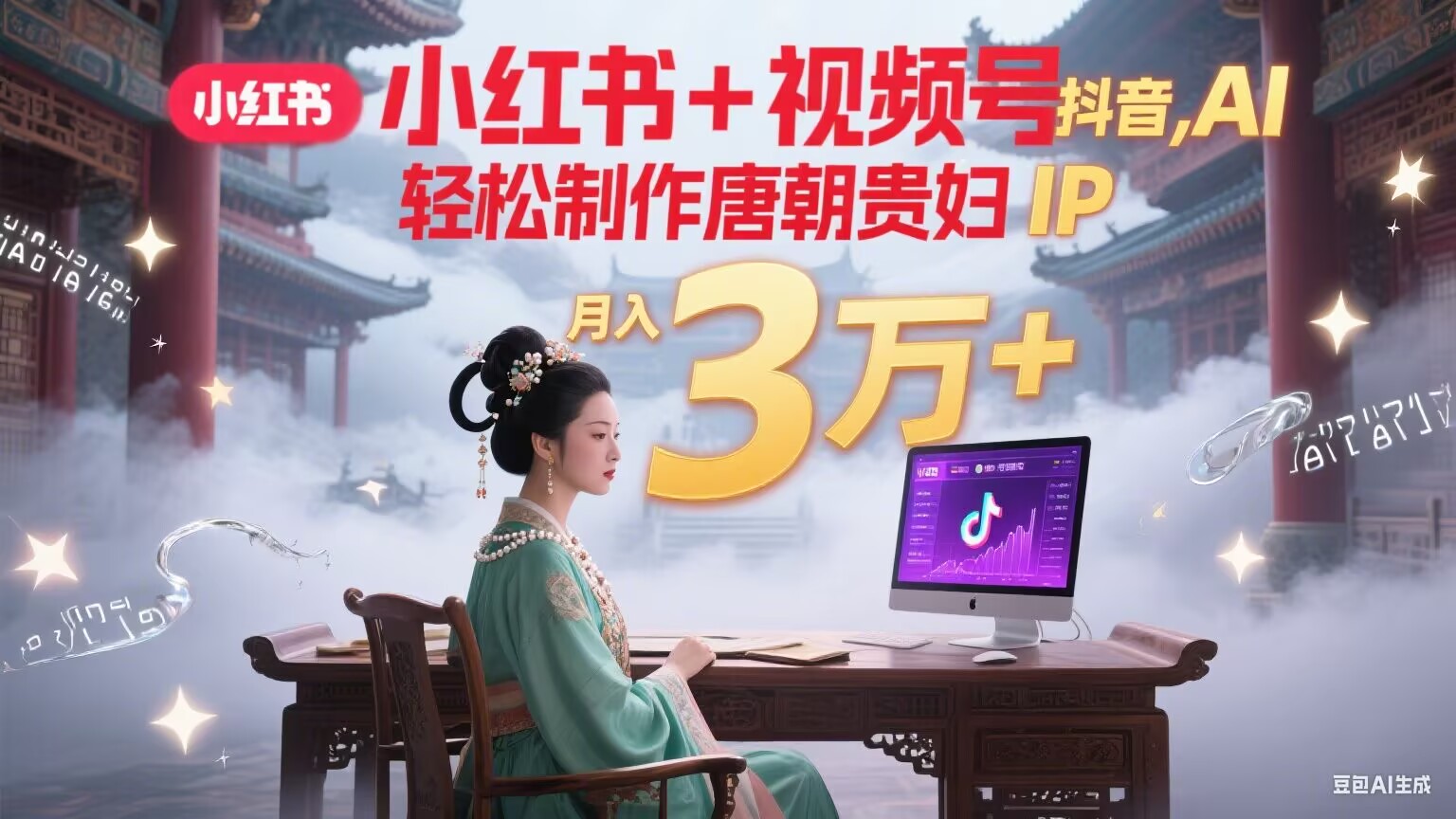 小红书+视频号+抖音，AI轻松制作唐朝贵妇IP，毒鸡汤、励志、减肥瘦身、养生赛道轻松切入，每天30分钟，轻松产出N条，月入3万+-木白网创