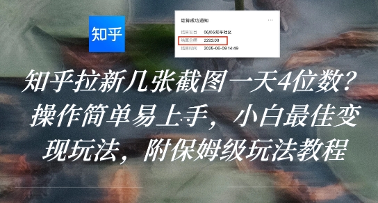 知乎拉新几张截图一天4位数？操作简单易上手，小白最佳变现玩法，附保姆级玩法教程-木白网创