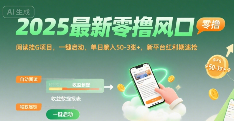 2025最新零撸风口，阅读挂G项目，一键启动，单日躺入 50-3张+，新平台红利期速抢【揭秘】-木白网创