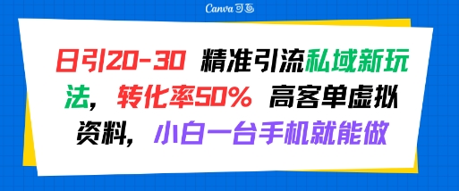 日引 20-30 精准引流私域新玩法，转化率50% 高客单虚拟资料，小白一台手机就能做-木白网创