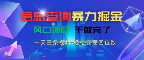 信息查询暴力掘金，一天三条视频，轻松变现四位数，风口项目干就完了【揭秘】-木白网创