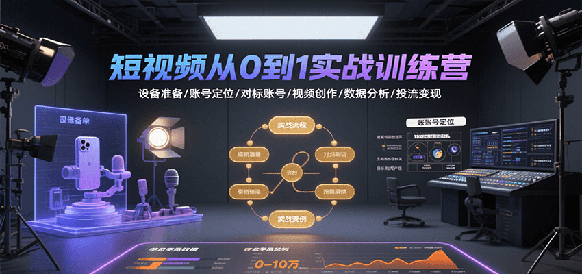 短视频从0到1实战训练营：设备准备/账号定位/对标账号/视频创作/数据分析/投流变现-木白网创