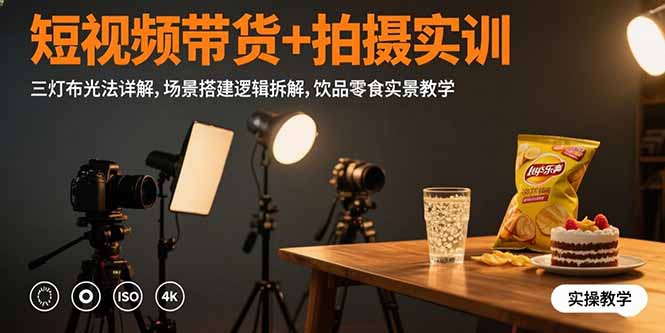 短视频带货+拍摄实训：三灯布光法详解,场景搭建逻辑拆解,饮品零食实景教学-木白网创
