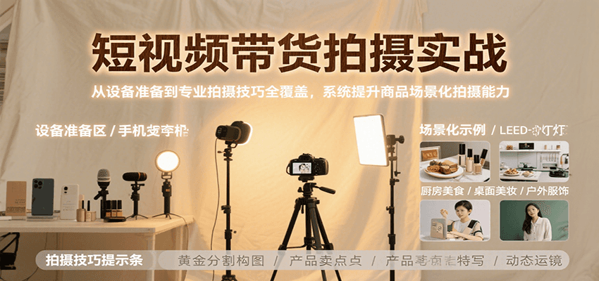 短视频带货拍摄实战，从设备准备到专业拍摄技巧全覆盖，系统提升商品场景化拍摄能力-木白网创