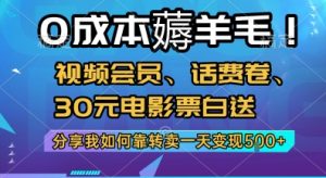 0成本薅羊毛!视频会员、话费卷、30元电影票白送，分享我如何靠转卖一天变现5张+【揭秘】-木白网创