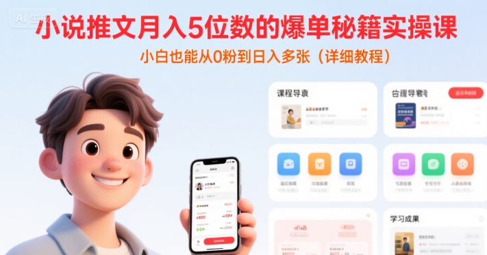 小说推文月入5位数的爆单秘籍实操课，，小白也能从0粉到日入多张(详细教程)-木白网创
