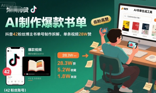 AI制作爆款书单，抖音42粉丝博主书单号制作拆解，单条视频28W赞-木白网创