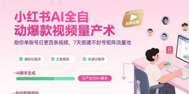 小红书AI全自动爆款视频量产术，助你单账号日更百条视频，7天搭建不封号矩阵流量池-木白网创