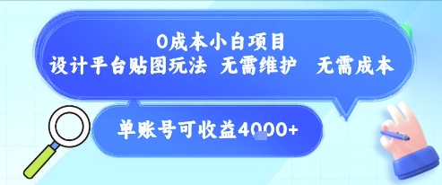 0成本小白项目，设计平台贴图玩法，无需维护，无需成本，单账号单月可产生收益4k+-木白网创