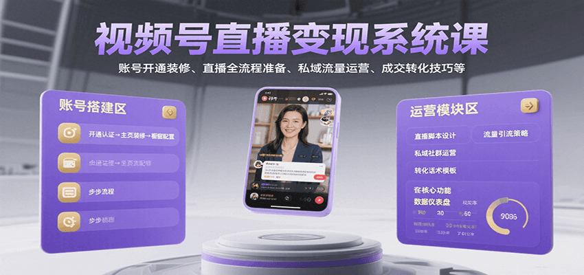 视频号直播变现系统课，账号开通装修、直播全流程准备、私域流量运营、成交转化技巧等-木白网创