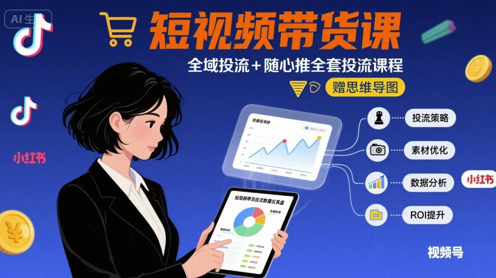 最新短视频带货课，全域投流+随心推全套投流课程+思维导图-木白网创