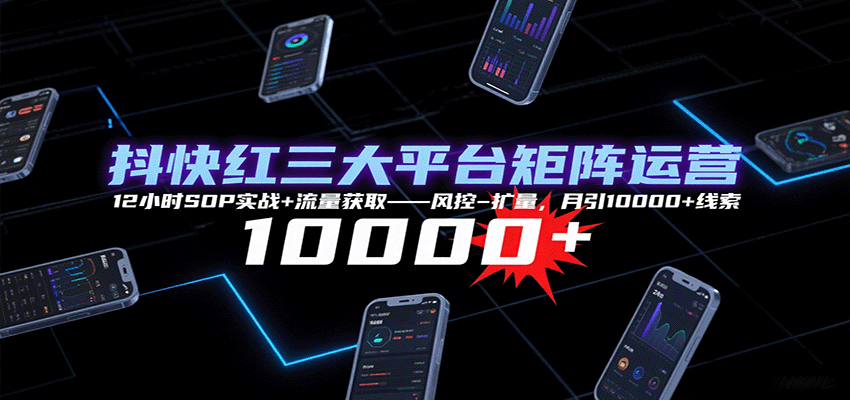 抖快红三大平台矩阵运营，12小时SOP实战+流量获取-风控-扩量，月引10000+线索-木白网创