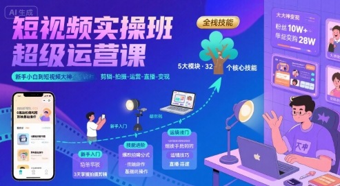 短视频实操班超级运营课，新手小白到短视频大神必修课程，剪辑-拍摄-运营-直播-变现-木白网创