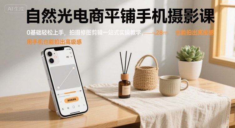自然光电商平铺手机摄影课，0基础轻松上手，拍摄修图剪辑一站式实操教学，用手机也能拍出高级感-木白网创