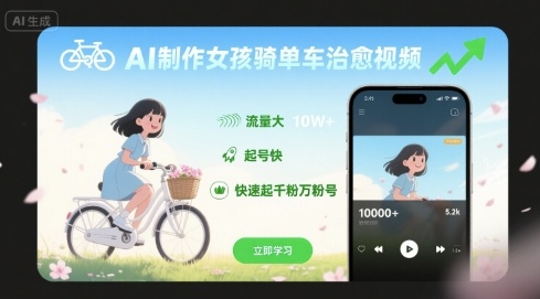 AI制作女孩骑单车治愈视频，流量大，起号快，快速起千粉万粉号-木白网创