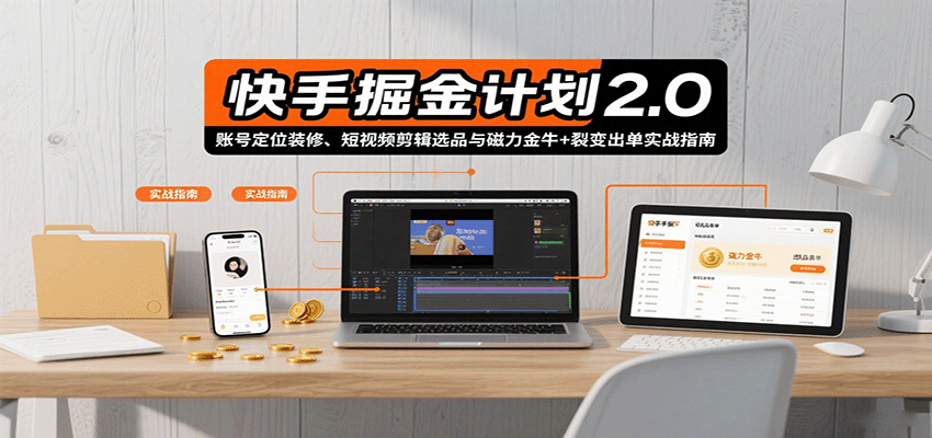 快手掘金计划2.0，账号定位装修、短视频剪辑选品与磁力金牛+裂变出单实战指南-木白网创