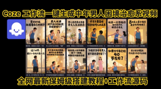 coze工作流一键生成”中年男人困境扎心高涨粉高播放量图文视频”保姆级拆解教程，无需剪辑，无需拍摄写文案-木白网创