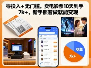 零投入+无门槛，卖电影票10天到手7k+，新手照着做就能变现【揭秘】-木白网创