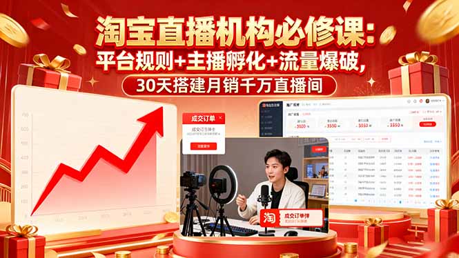 淘宝直播机构必修课：平台规则/主播孵化/流量爆破,30天搭建月销千万直播间-木白网创