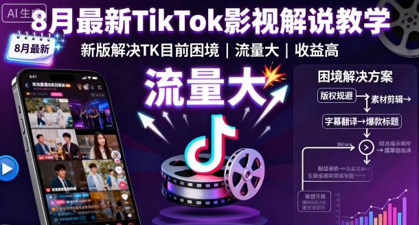 8月最新TikTok影视解说教学，新版解决TK目前困境，流量大，收益高-木白网创