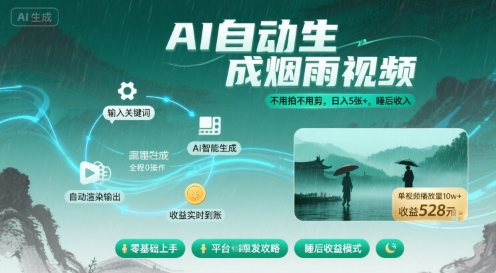 不用拍不用剪！AI自动生成烟雨视频，日入5张+，睡后收入-木白网创