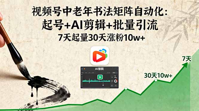 视频号中老年书法矩阵自动化：起号+AI剪辑+批量引流 7天起量30天涨粉10w+-木白网创