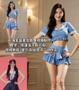 AI海军装美女跳舞视频制作教学，快速涨千粉万粉，视频教程+提示词(绘图词、动作词)-木白网创