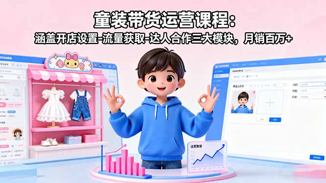 童装带货运营课程：涵盖开店设置-流量获取-达人合作三大模块，月销百万+-木白网创