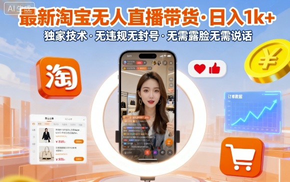 最新淘宝无人直播带货,日入1k+,独家技术,无违规无封号,无需露脸无需说话【揭秘】-木白网创