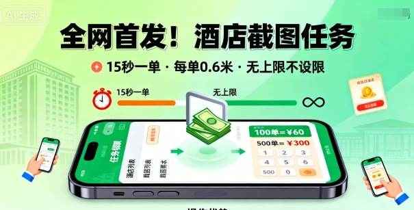 全网首发！酒店截图任务，15秒一单，每单0.6米，任务无上限不设限，矩阵操作单日3张到手【揭秘】-木白网创