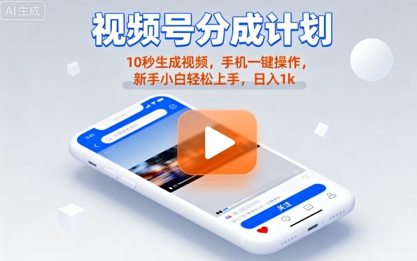 视频号分成计划懒人玩法，10秒生成视频，手机一键操作，新手小白轻松上手，日入1K【揭秘】-木白网创