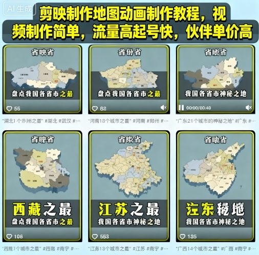 剪映制作地图动画制作教程,视频制作简单,流量高起号快,伙伴单价高-木白网创