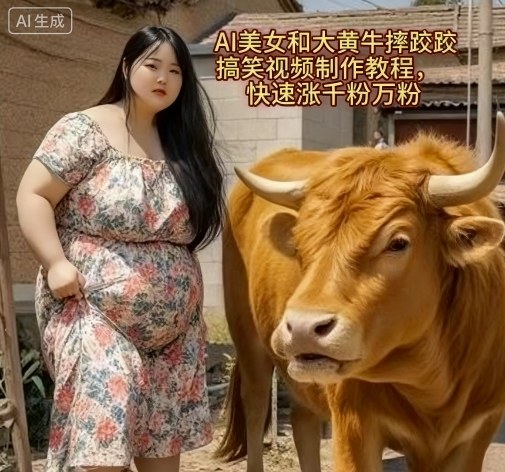 AI美女和大黄牛摔跤搞笑荒诞视频制作教程，快速涨千粉万粉-木白网创