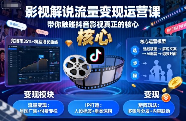 影视解说流量变现运营课，带你触碰抖音影视真正的核心-木白网创