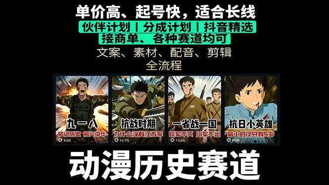 历史动漫赛道撸分成：起号、文案、素材、配音、剪辑，单视频收益破万-木白网创
