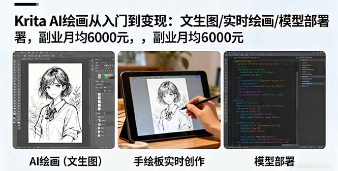 Krita AI绘画从入门到变现：文生图/实时绘画/模型部署，副业月均6000元-木白网创