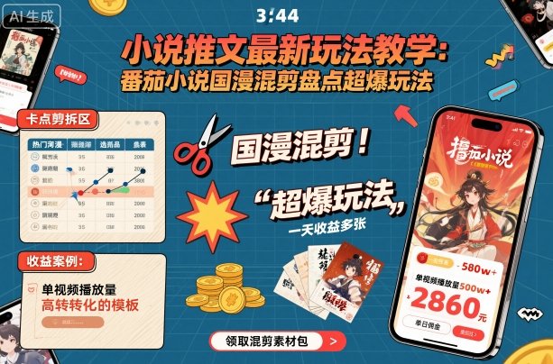 小说推文最新玩法教学，番茄小说国漫混剪盘点超爆玩法，全程干货，一天收益多张-木白网创