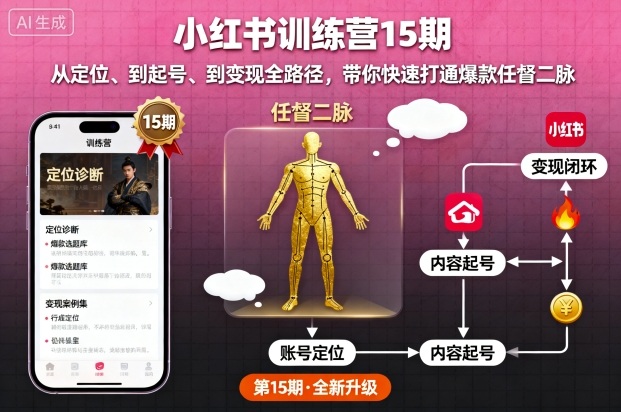 小红书训练营15期，从定位、到起号、到变现全路径，带你快速打通爆款任督二脉-木白网创